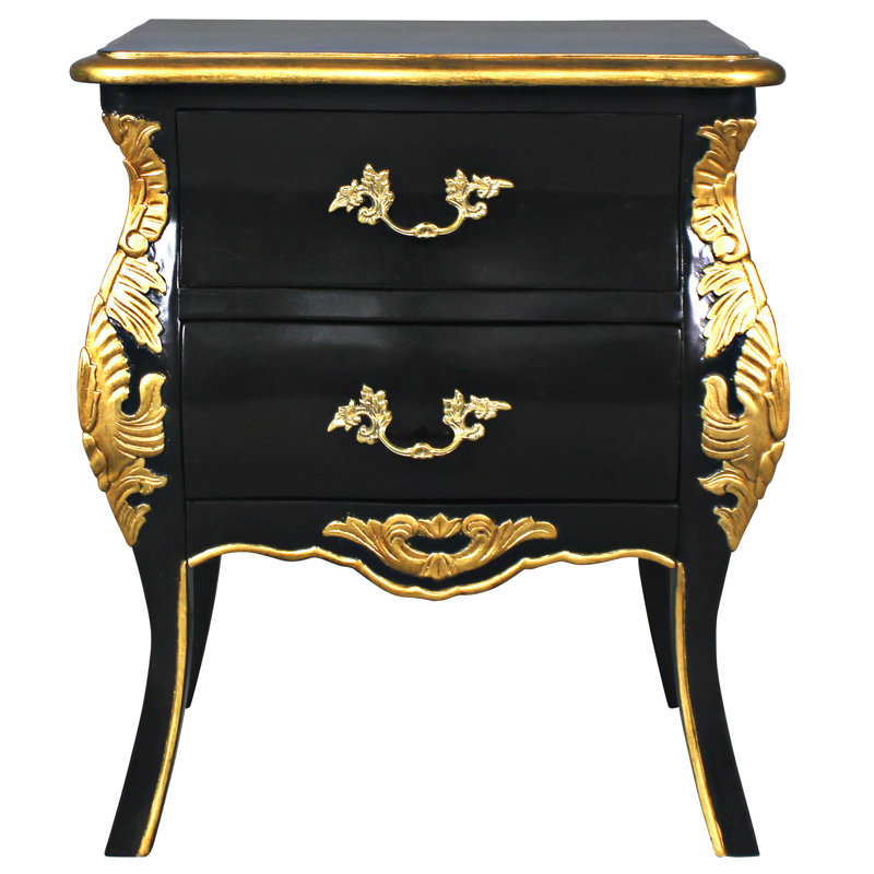 Table de chevet 2 tiroirs en bois massif noir / or Saint-Honore
