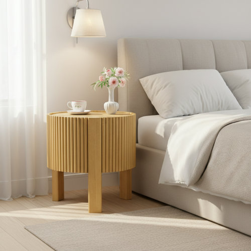 Table d'appoint ronde cannelée 19,6 po avec porte à fermeture en douceur, table de rangement en bois d'hévéa