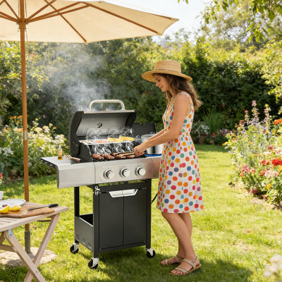 Barbecue au propane à 3 brûleurs avec brûleur latéral, barbecue en acier inoxydable 40500BTU avec tables d'appoint, grilles en fonte émaillée de porcelaine
