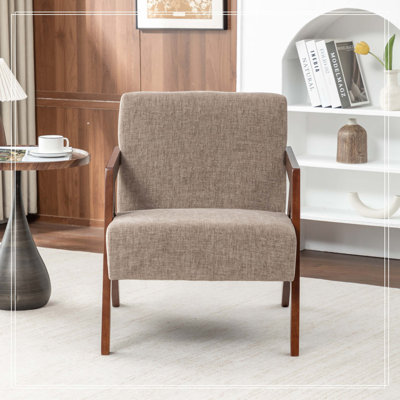 Fauteuil d'appoint Mid-Century moderne avec structure en bois, fauteuil de lecture rembourré avec tissu en lin doux, fauteuil d'appoint pour le salon, la chambre à coucher, facile à assembler