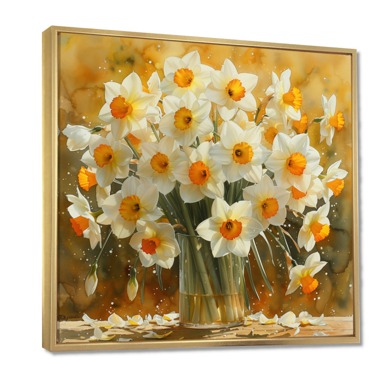 Fleurs jaunes et blanches - jonquilles - décoration murale jonquilles, Cadre flottant doré, H 16 po x l 16 po