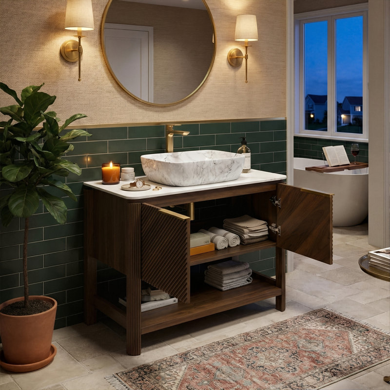 Meuble-lavabo simple sur pied 36 po avec lavabo vasque en marbre, dessus en pierre frittée et portes rayées en bois massif