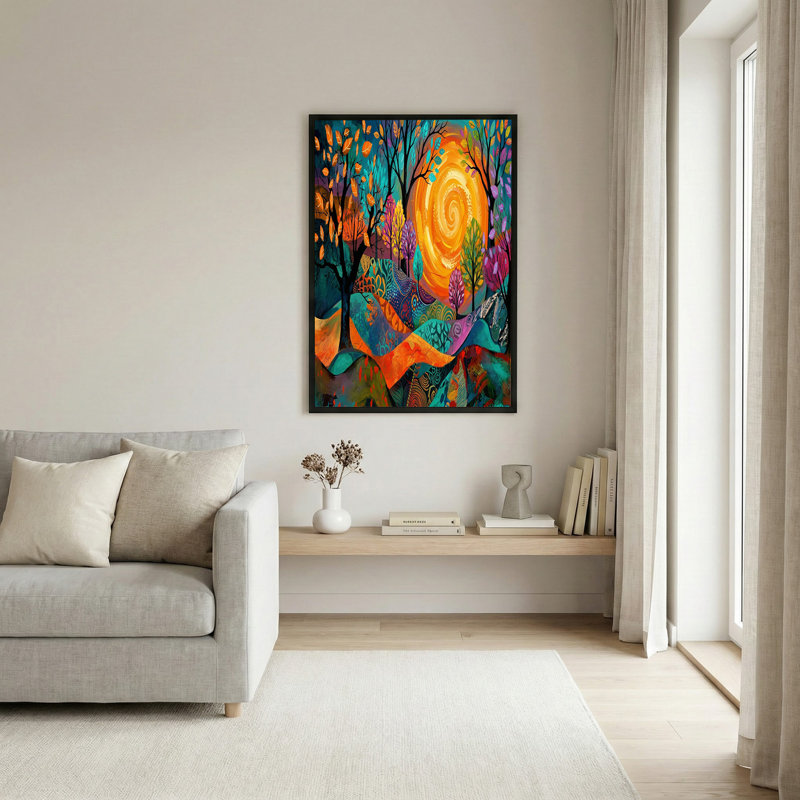 Art mural sur toile, arbres colorés et soleil tourbillonnant, H 12 po x l 18 po