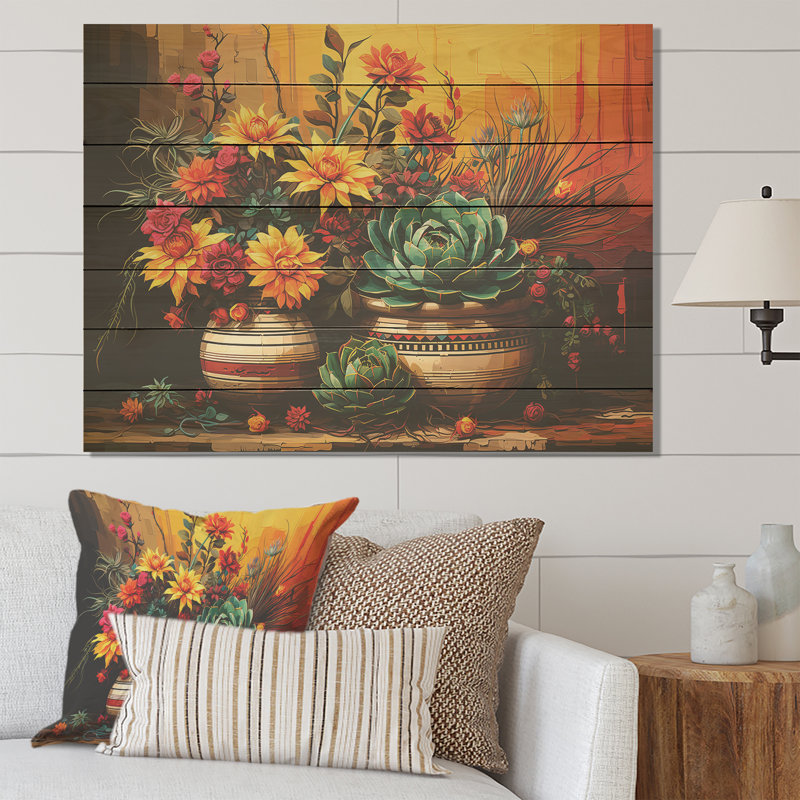 Boho Mexican Pottery Blooms - Boho Pottery On Wood Print, 30" H x 40" W x 0.78" D