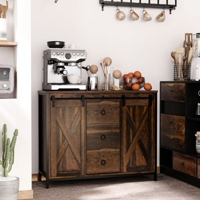Buffet Cabinet Industrial - Rustic In Brown With Sliding Barn Doors, 3 Drawers, Adjustable Shelves For Home Use Cupboard, Three Drawers And