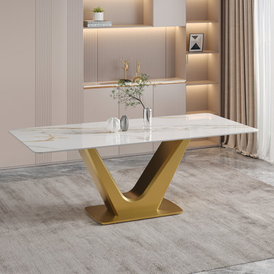 71" Modern Rectangular White Dining Table For 8,  Stainless Steel V-Shaped Legs, Glossy Faux Marble Table for Diningroom