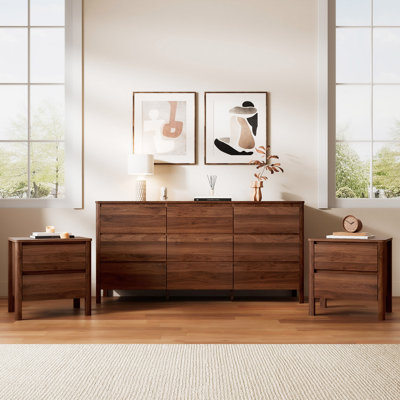 3 Piece Bedroom Set (9 Drawer Dresser And Nightstand Set Of 2)