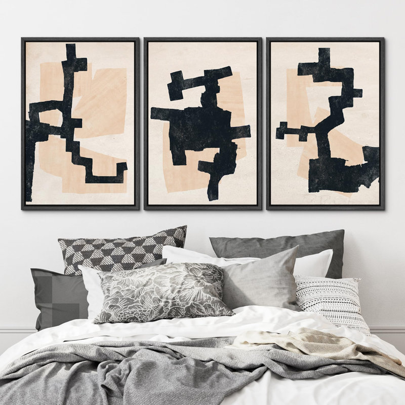 «Elegant Abstract Mixed Shapes & Lines In Neutral Tones», 3 pièces, Noir, H 24 po x l 16 po