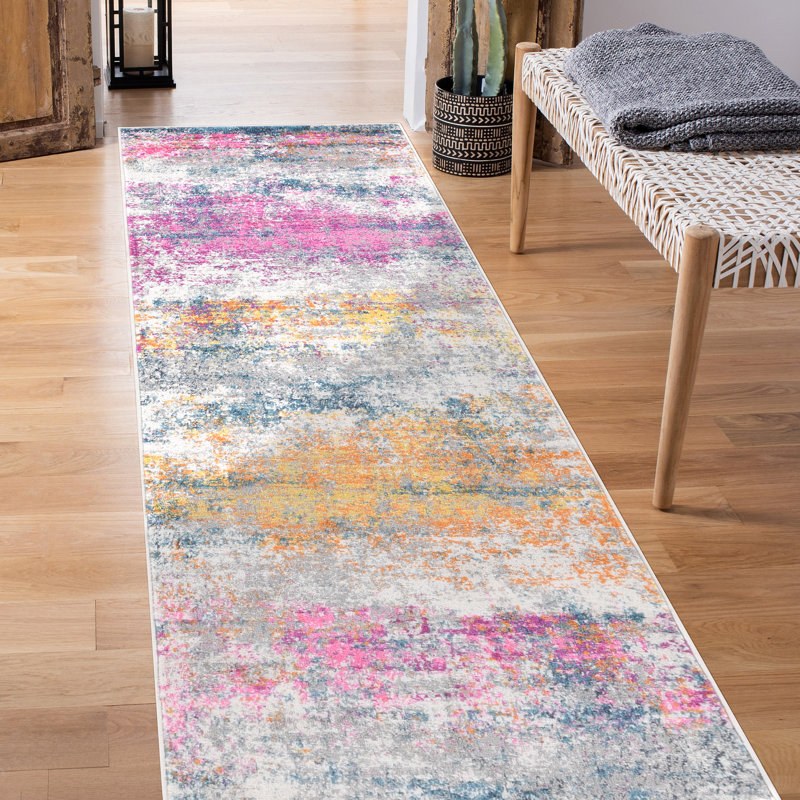 Nieve Abstract Durable Performance Pink/Orange Area Rug, Runner 2'7" x 8'