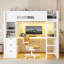 Lit mezzanine simple en bois avec bureau en forme de U, lumières RVB, USB, cadre de lit à tiroirs et tablettes - Blanc-130135605