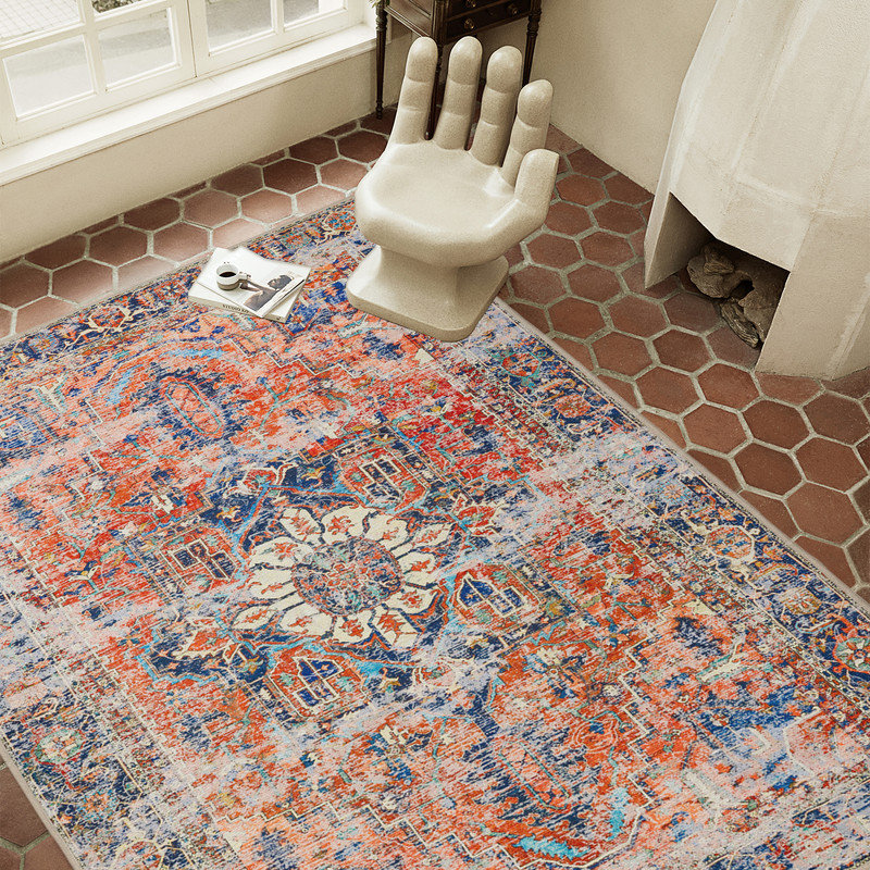 Tapis d'intérieur 8 pi x 10 pi, paillasson lavable résistant aux taches, envers en caoutchouc antidérapant, tapis vieilli rétro, orange