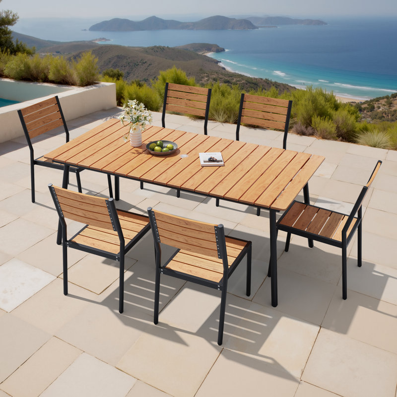 Luceile 6 - Person Rectangular Aluminum Patio Dining Set with Umbrella Hole and Stacking Chairs  (Set of 7), Brown/Black