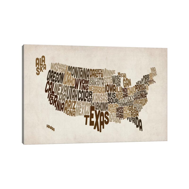 USA (States) Typographic Map V by Michael Tompsett - Wrapped Canvas Print, 20.32 cm H x 30.48 cm W