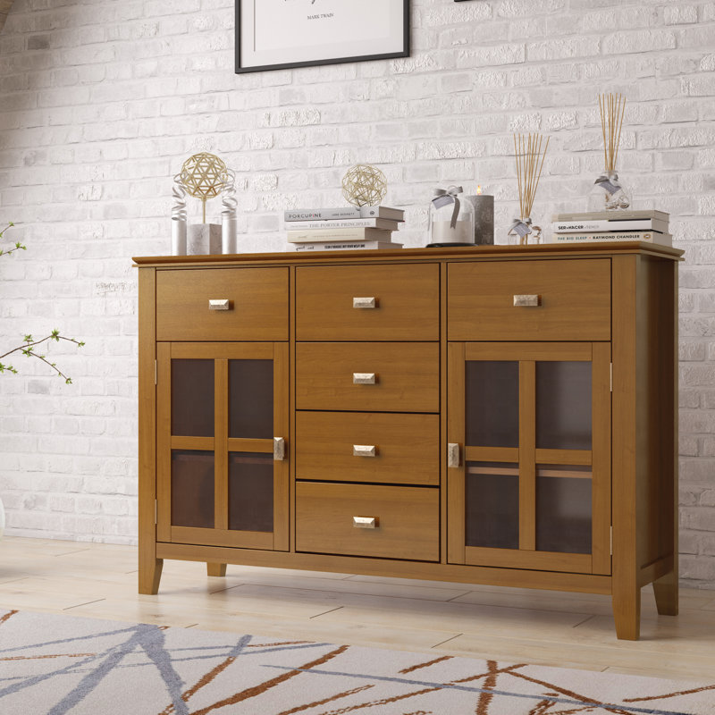Artisan 54"W Solid Wood Sideboard Buffet with Tempered Glass Doors and 6 Drawers, Honey Brown