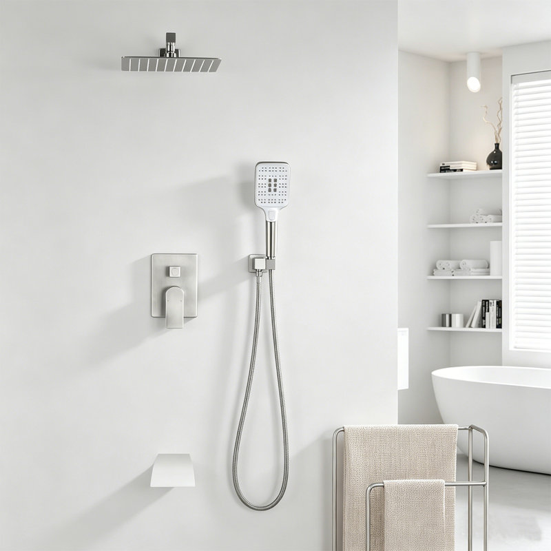 10-Inch Square Rain Shower System With 3-Function Handheld Shower And 4.72" Waterfall Tub Spout, Brushed Nickel