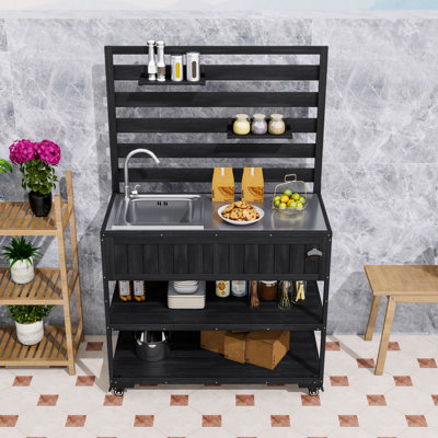 Banc de rempotage extérieur roulant avec évier et plateau en acier inoxydable, chariot de barbecue avec ouvre-bouteille