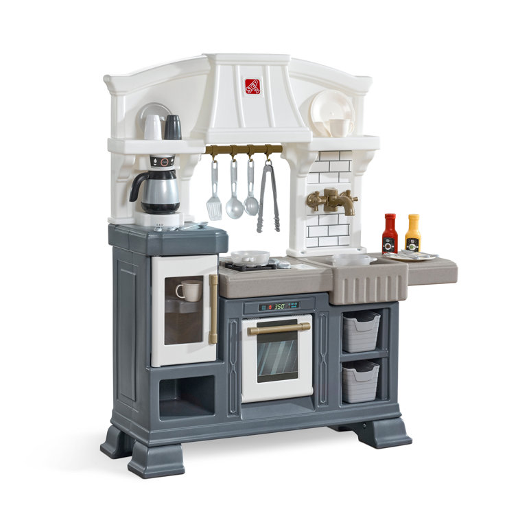 Step2 Gilded Gourmet Kitchen Playset For Kids Includes 20 Plus Toy Kitchen  Accessories Interactive Features For Realistic Pretend Play White Blue Gray  Modern Farmhouse Style Play Kitchen