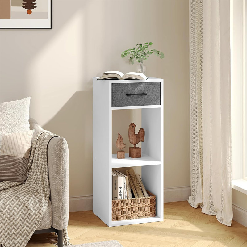 Bookcase with 3 levels, free -standing shelf with 1 fabric drawer, 2 cubes, open shelf, small storage shelf, White