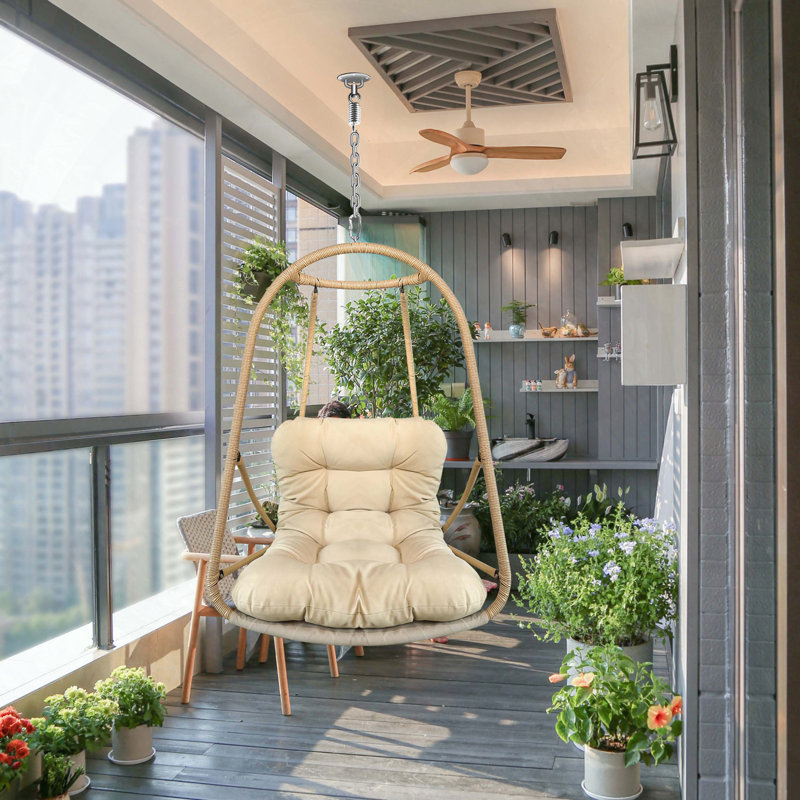 Indoor/Outdoor Wicker Rattan Hanging Egg Chair with C-Type Bracket, Cushion & Pillow, Folding, 350 lbs Capacity, Beige