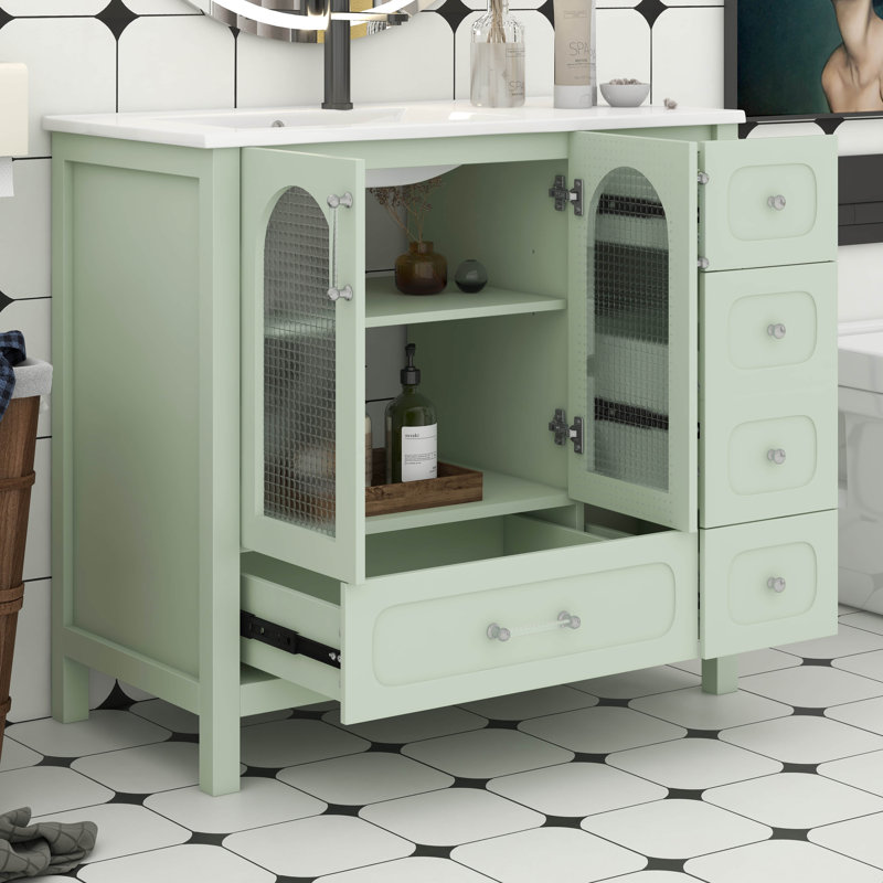 Meuble-lavabo moderne de 36 po avec comptoir en céramique, meuble-lavabo de salle de bain avec tablette réglable, portes à texture gaufrée, quatre tiroirs