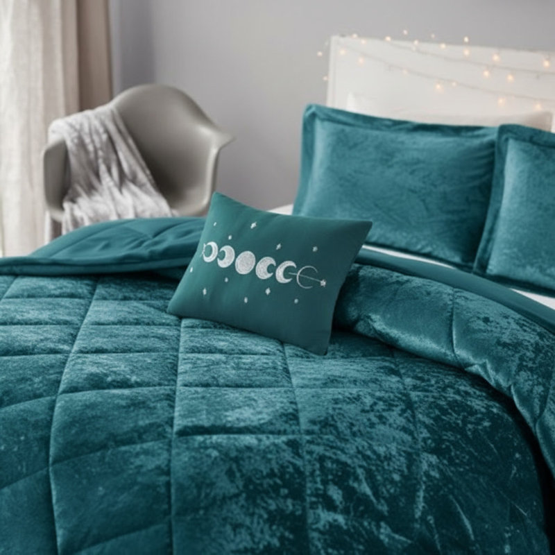 Ensemble d'édredon en velours simple / simple TG avec coussin décoratif, Teal