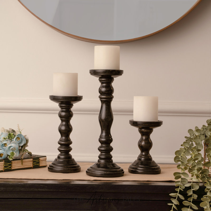 12'' Handcrafted Mango Wood Pillar Candle Holder Set – Rustic 3-Piece Set for LED Candles, Black