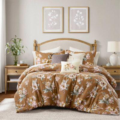 7-Piece Queen Vin  Floral Comforter Set, Terracotta