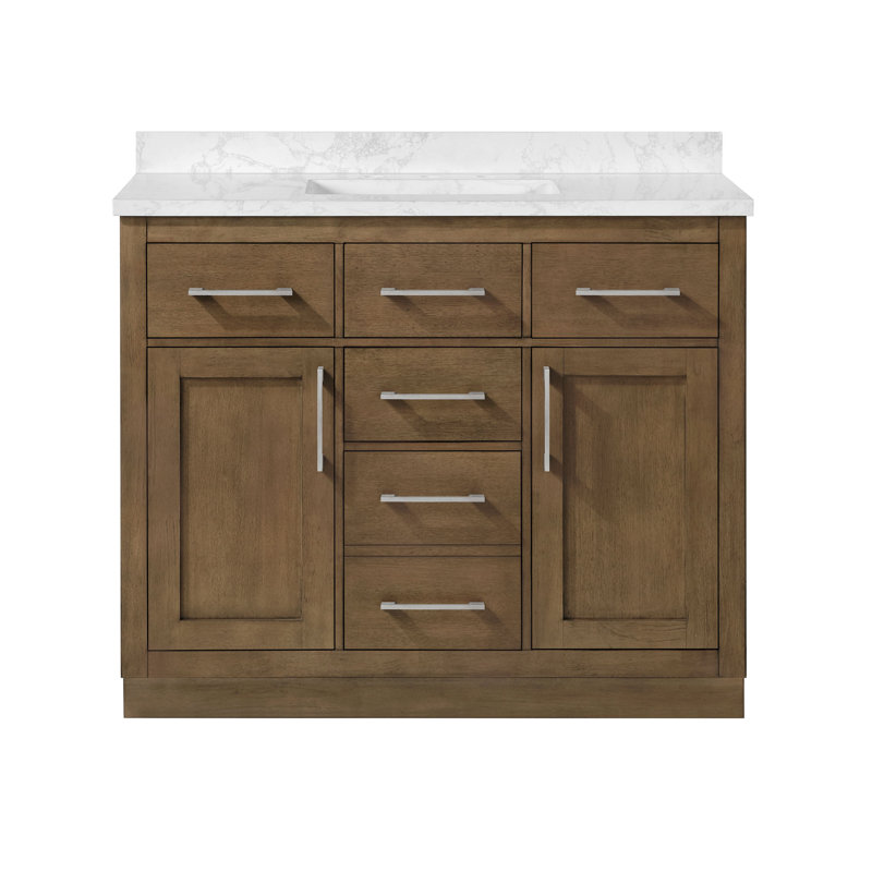 Athea 42 in. Single Sink Freestanding Almond Latte Bathroom Vanity with White Engineered Marble Top, Brushed Nickel Hardware