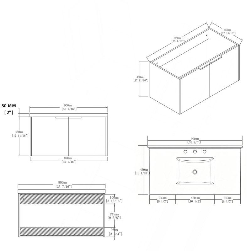 Meuble-lavabo flottant 36 po avec lavabo, porte à fermeture douce, comptoir en granite blanc 0,6 po et dosseret, contreplaqué