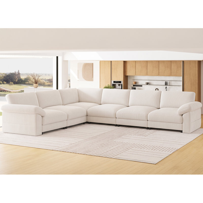 Happel Upholstered 112.32 " L-Shaped Sectional, Beige Corduroy