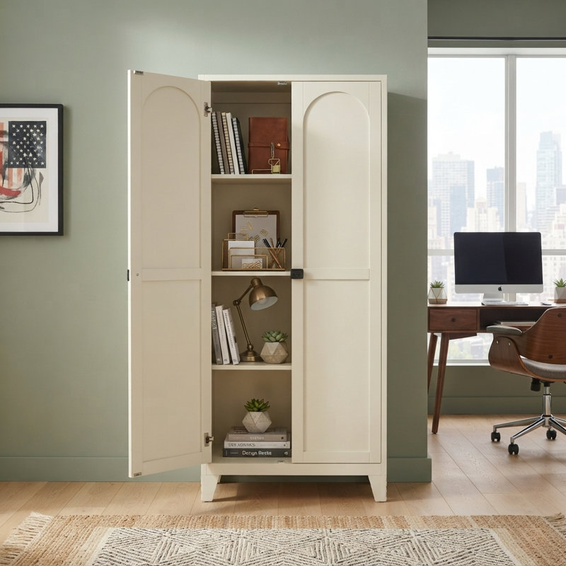 Armoire de rangement 71 po en métal avec 2 portes galbées et rangement réglable, Beige