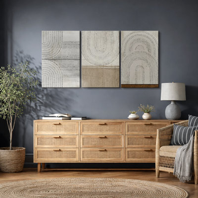 Mid Century Modern Boho " Geometric Circle Lines Wall Decor, Abstract Cozy Neutral Pictures, Framed 3 Pieces Set Graphic Art, Giclee Canvas Digital Print Wall Art "