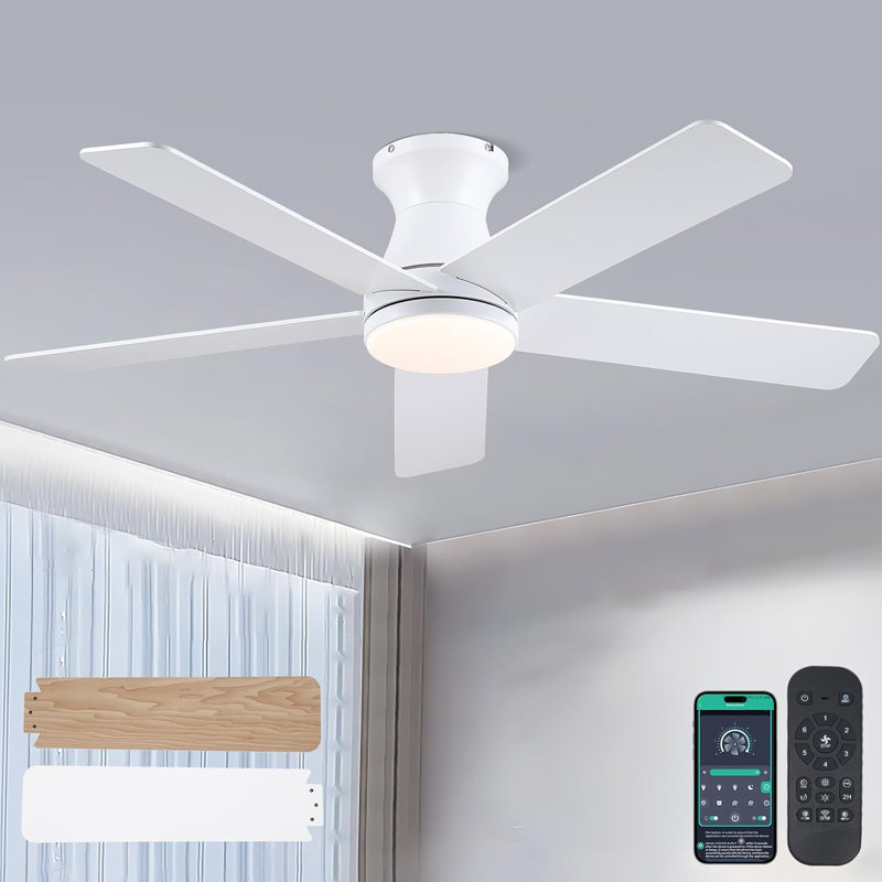 46" 5-blade Propeller Flush Mount Ceiling Fan With Light, White