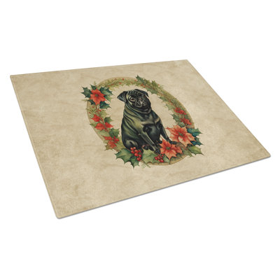 Pug Christmas Flowers Glass Cutting Board