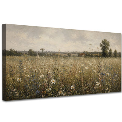 Art mural rétro sur toile paysage de prairie fleurie, décoration murale champ de fleurs sauvages pour le salon ou la chambre à coucher, œuvre de paysage de campagne champêtre, tendue avec châssis, prête à accrocher, (16 po x 32 po)