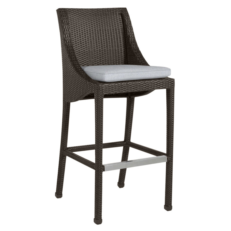 Athena Patio Bar Stool with Cushion, Welt, Linen Chambray, Black Walnut