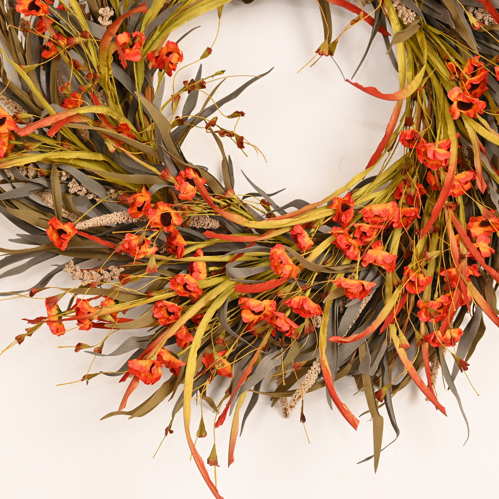 26" Artificial Rustic Fall Harvest Grass Berry Poppy Thanksgiving Front Door Wreath, Brown