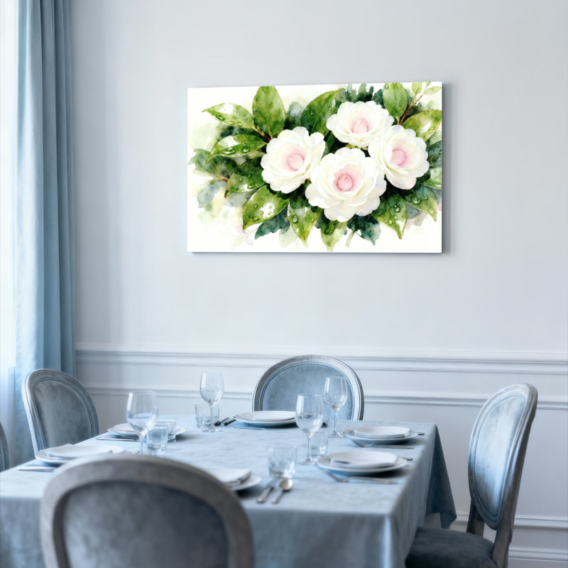 Ensemble de 1 tableau sur toile tendue à l'aquarelle représentant des roses blanches et des feuilles vertes