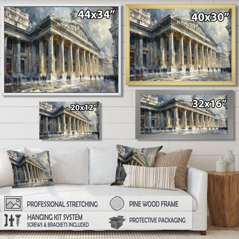 Gris et blanc, architectures Marvel Banks - Banks, art mural, H 12 po x l 20 po x P 1 po, Encadrement argenté