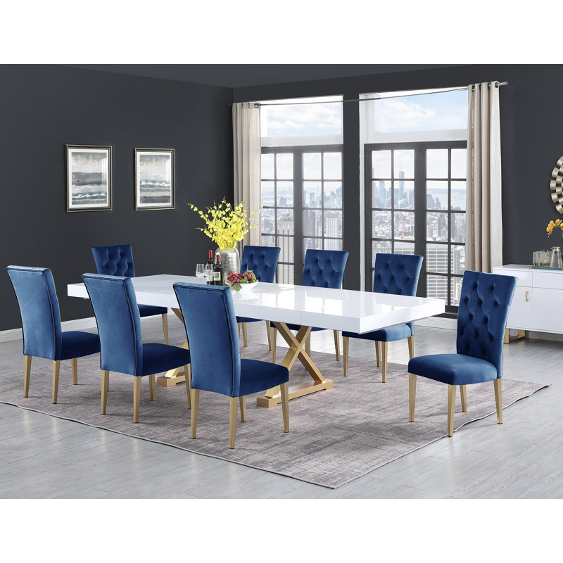 Chaise parsons en velours capitonné Devender, Bleu