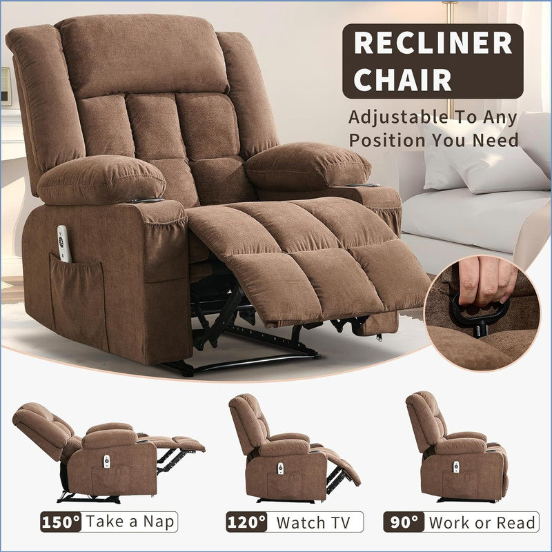 Recliner Chair, Manual Reclining Sofa with Massage and Heat, Comfy Overstuffed Rocking Chair with 3 Positions, 2 Side Pockets, 2 Front Pockets, and Cup Holder, Recliner Single Sofa Seat