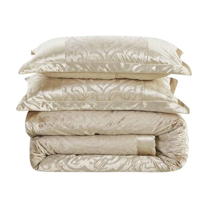 Bollara Velvet Damask Bedspread with Pillow Shams, Beige, Double/King Bedspread  + 2 Pillow Sham