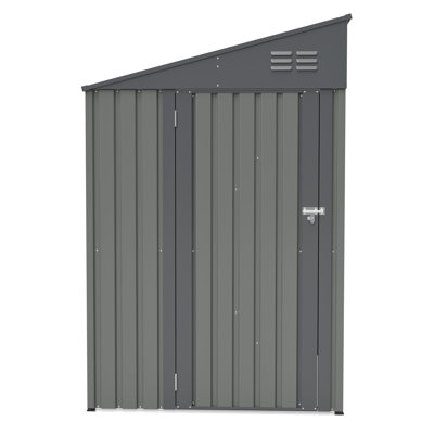 4X7 Lean To Metal Shed - Gray, Heavy-Duty Outdoor Storage For Bikes, Tools, Lawn Mowers & Firewood, Rust-Resistant Wall Side Design Sheds With Lockable Door, Waterproof Coating & Sloped Roof