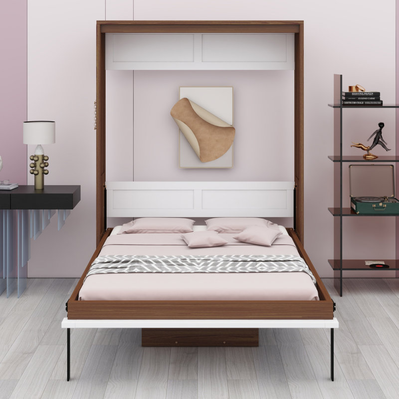 Lit escamotable avec bureau escamotable Murphy, Noyer / Blanc