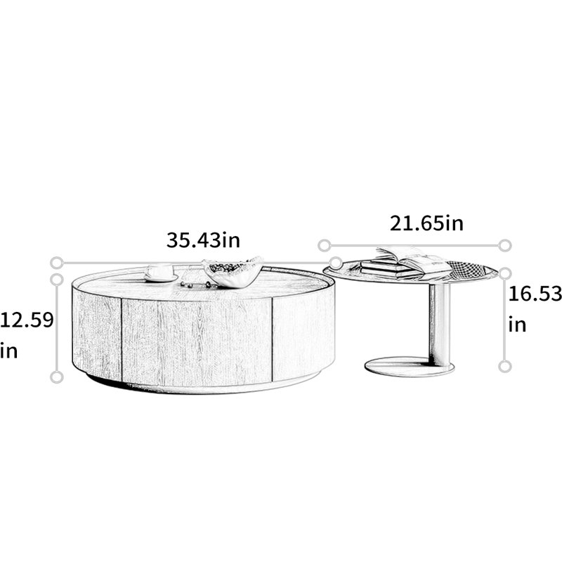 Table basse ronde en chêne et acier, H 16,53 po x L 57,08 po x l 35,43 po