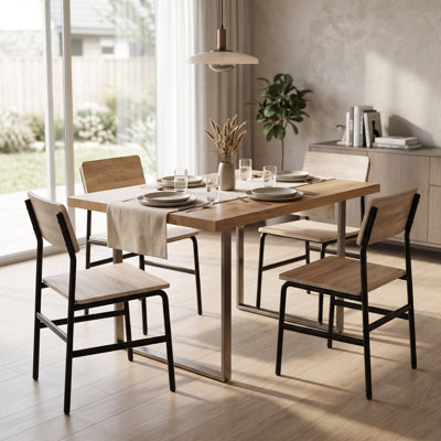 32" H Black & Natural Industrial Stainless Steel Dining Chair Set of 4