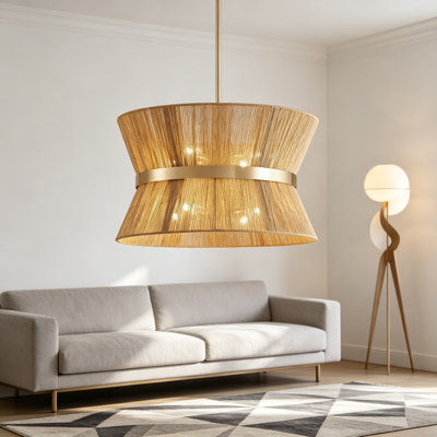 French Gold Boho Chandelier, Modern Drum Pendant Light for Dining Room, 18 x 12 Inches with Adjustable 47 Inch Cord, Jute Rope Lampshade, E12 8-Socket Socket, Gold Finish Metal Frame