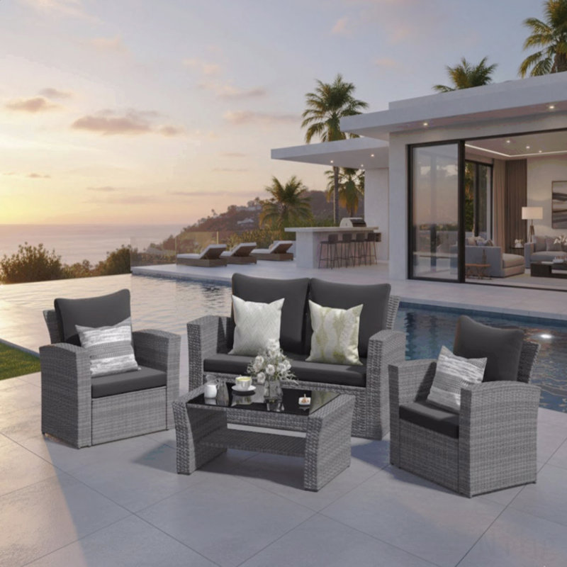 4-Piece Wicker Patio Conversation Set With Glass Table And Black Cushions, Black