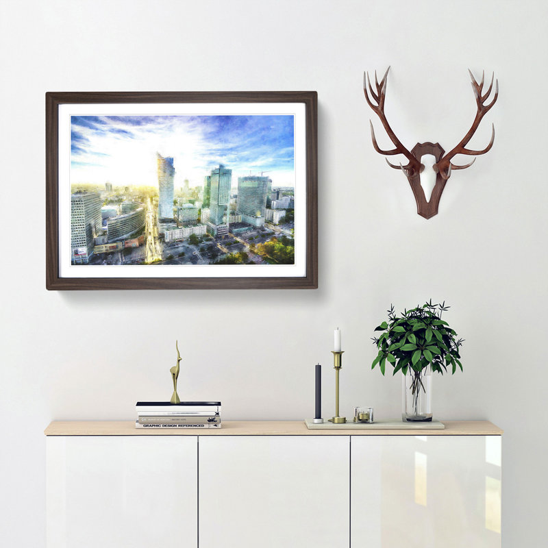 Skyline of Warsaw in Poland - Picture Frame Painting Print, Walnut Framed, 24cm H x 33cm W x 2cm D