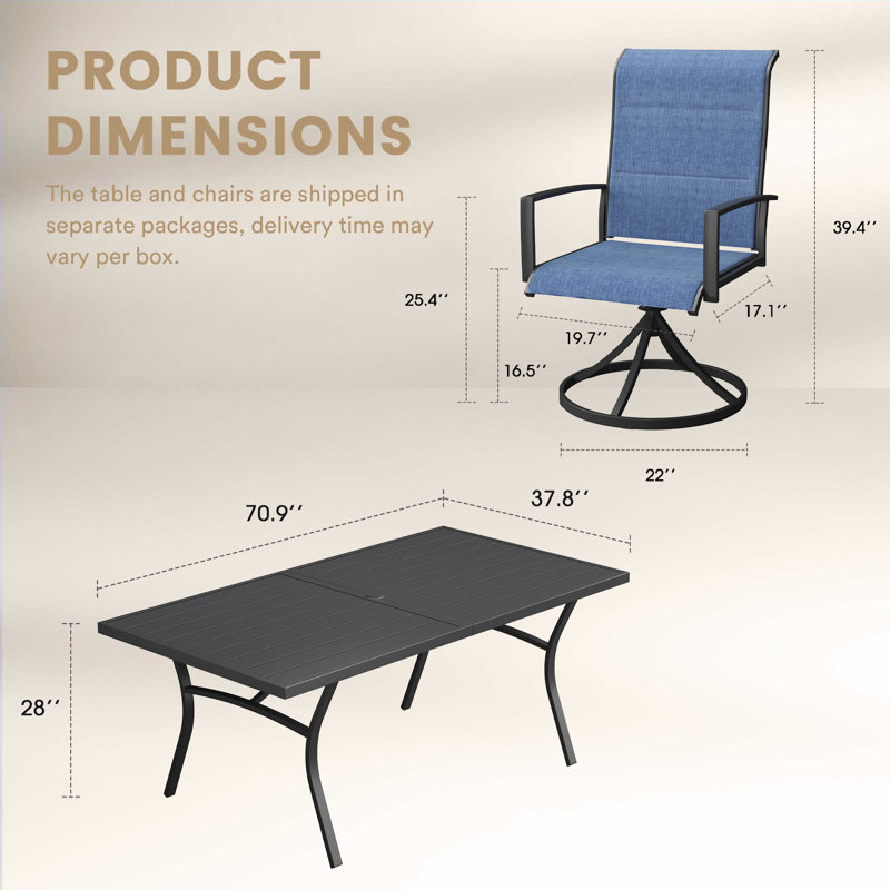 6-Person Outdoor Rectangular Patio Dining Set With Swivel Chair, Blue